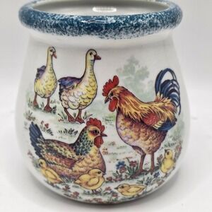 Apple Jack Farm Animal Ceramic Crock Small White Blue Excellent Rooster Country